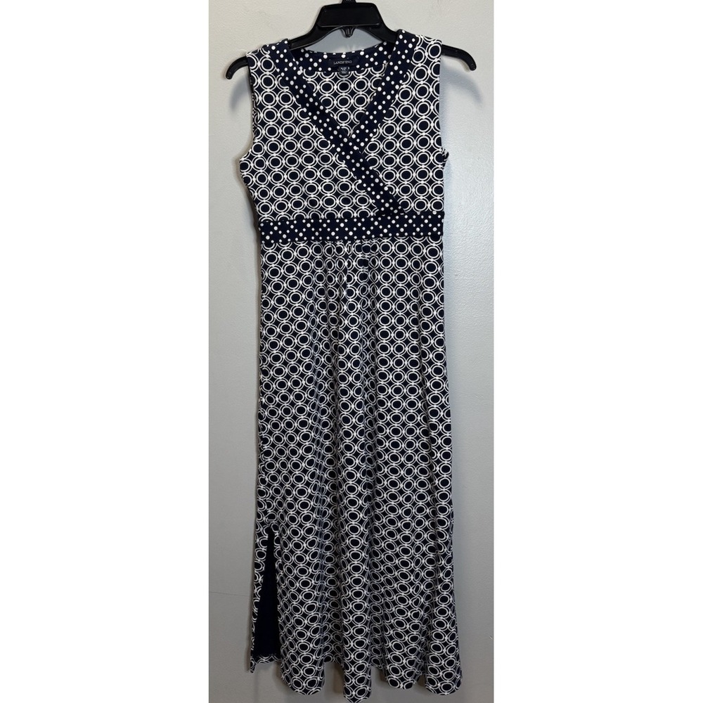 Lands End Womens Sleeveless Dress Sz 6/8 S/P Navy Blue White Faux Wrap Maxi Dots